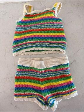 Jessica Simpson Multicolor Rainbow Knit Tank & Shorts Set with Cream Trim